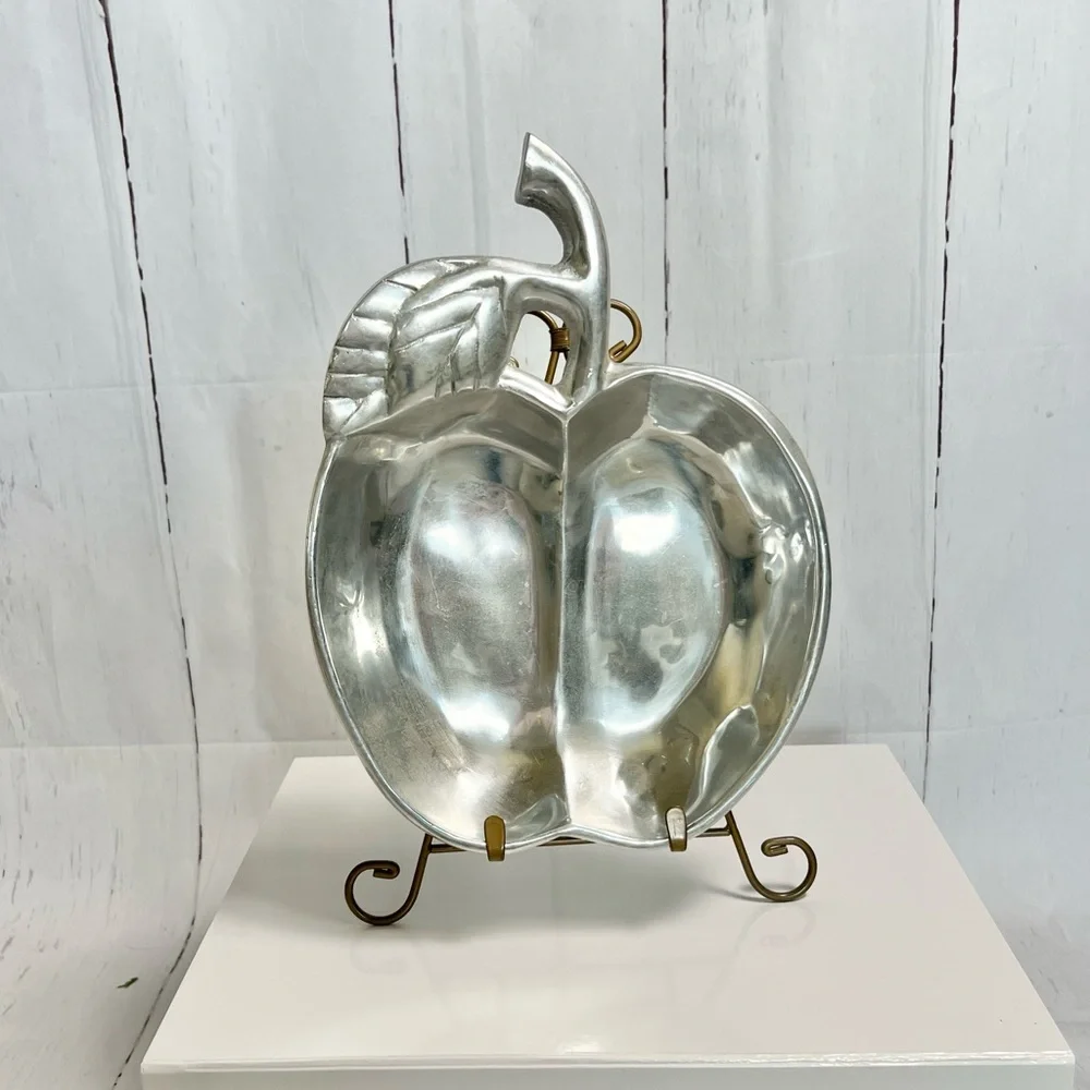 Vintage Pewter Apple Shaped Divided Serving Tray - Heavy Metalware Relish Dish